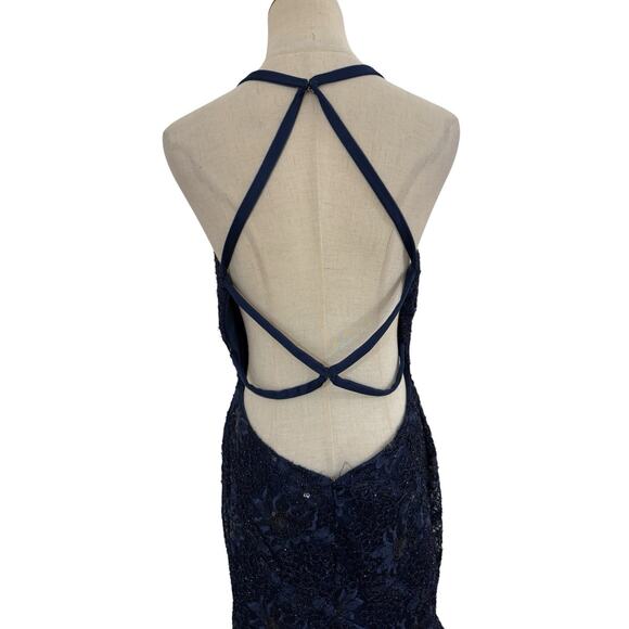 Betsy Adam Evening Gown Dress Navy Blue Lace Beaded Sequin Fit Flare Train Prom - Picture 7 of 8